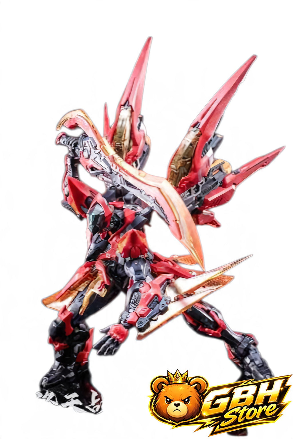 Mô hình robot chiến binh KAI Crimson Sky Armor màu đỏ đen với giáp chi tiết và tư thế chiến đấu năng động từ GBH store